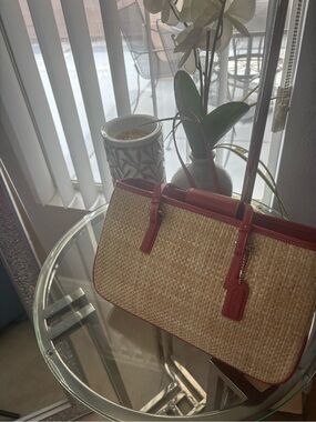 Coach Woven Straw Tote with Red Leather Trim